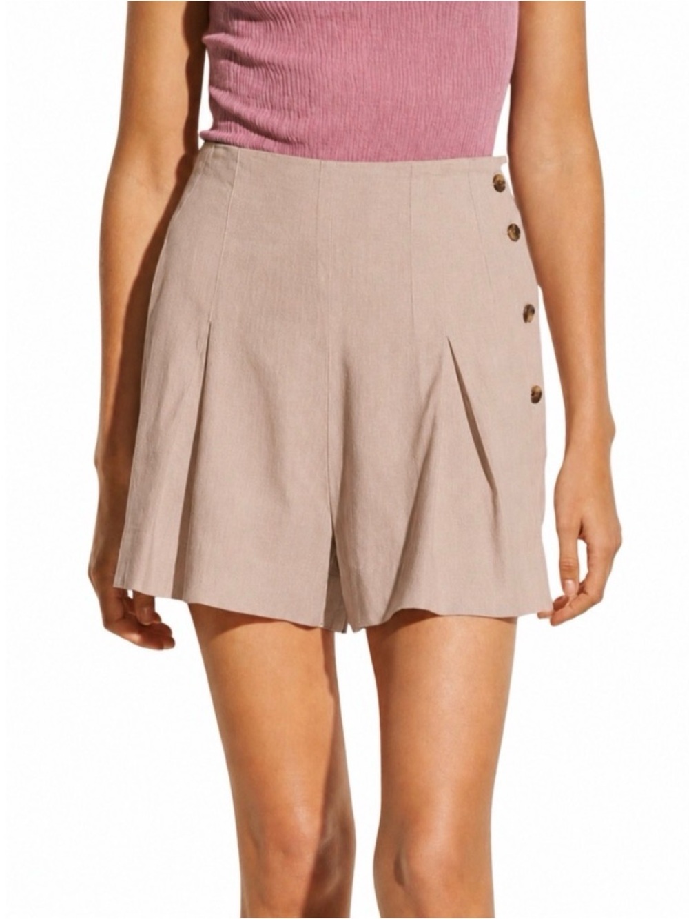 Vince Shorts Womens Size 2 Tan Linen Blend High Waisted Pleated Side Button
